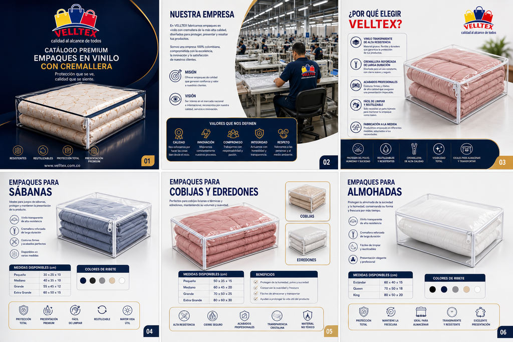 Catálogo premium empaques en vinilo con cremallera VELLTEX