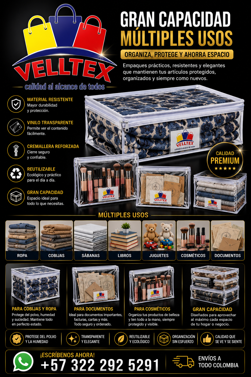 Empaques VELLTEX gran capacidad múltiples usos